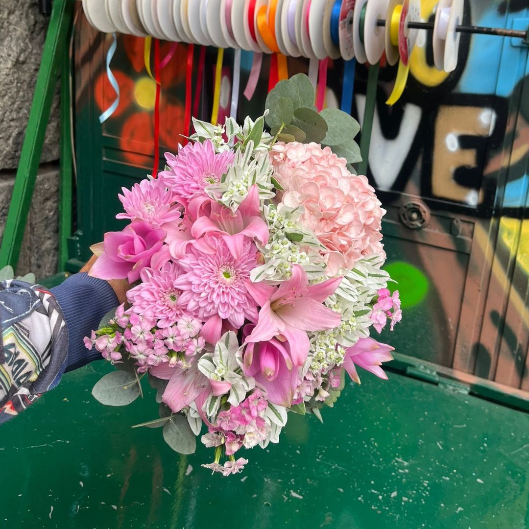 Bouquet with dahlias, hydrangeas, and euphorbia