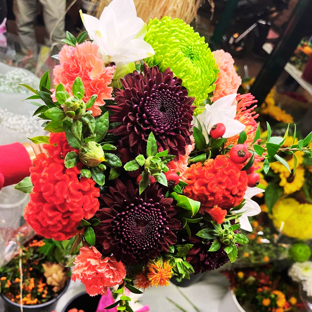 Bouquet crisantemi, celosia, garofano e curcuma